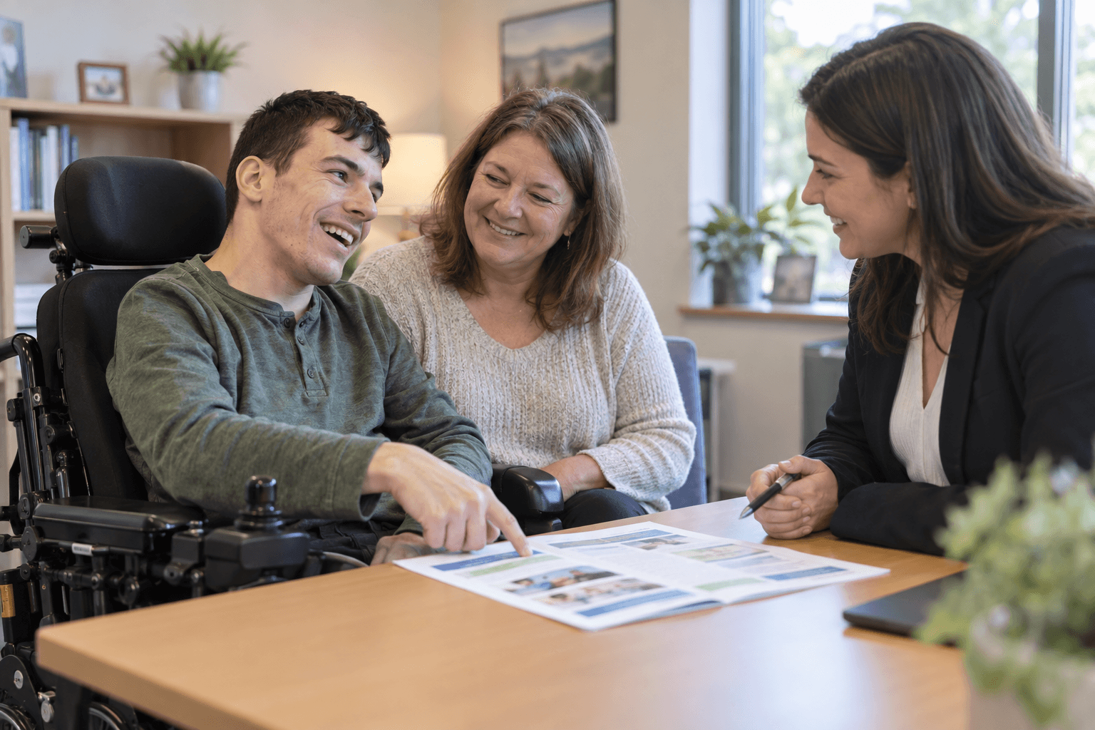 A young man who uses a power wheelchair and his mother reviewing a career plan with an employment counselor
