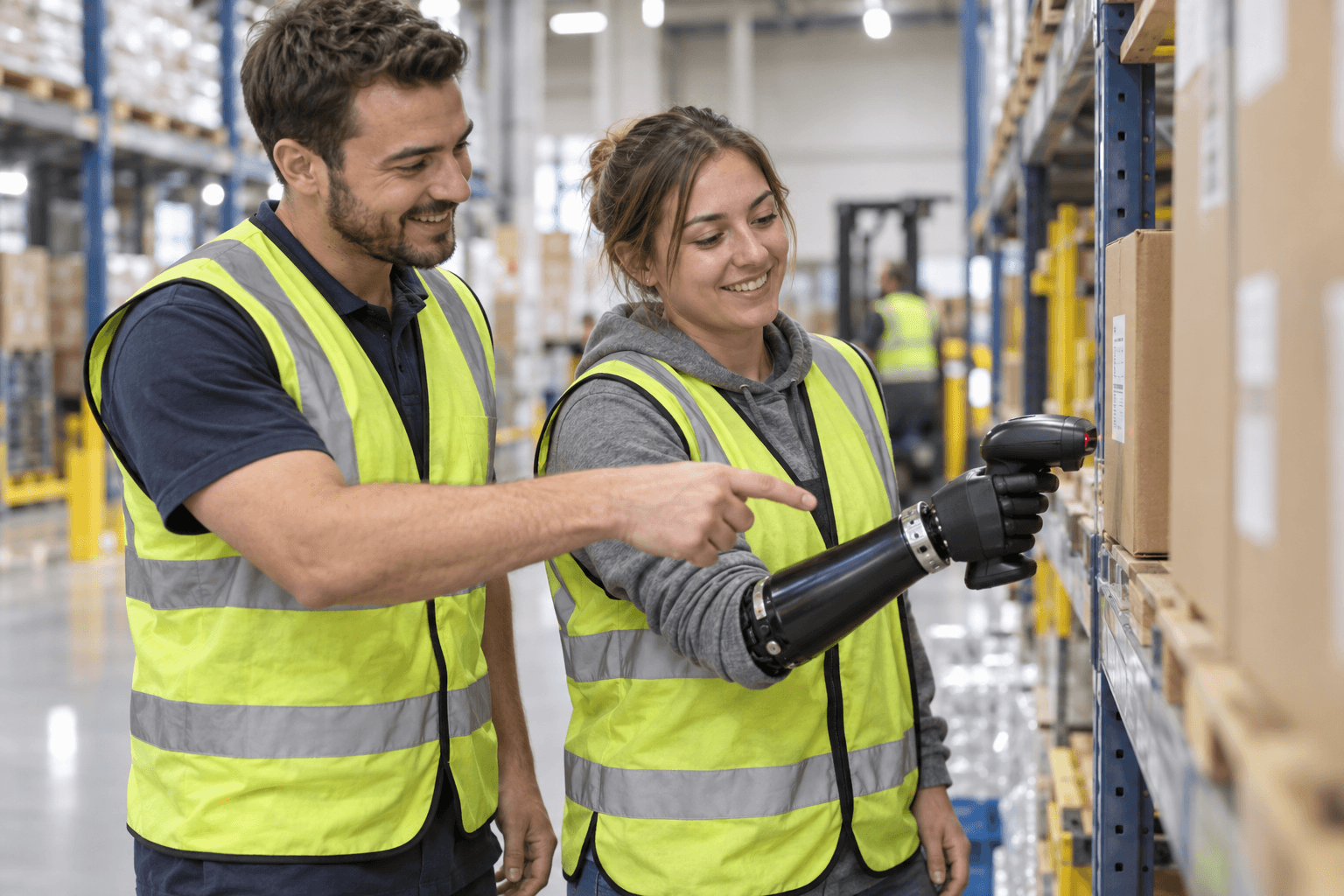A warehouse supervisor training a new employee with a prosthetic arm to use a barcode scanner