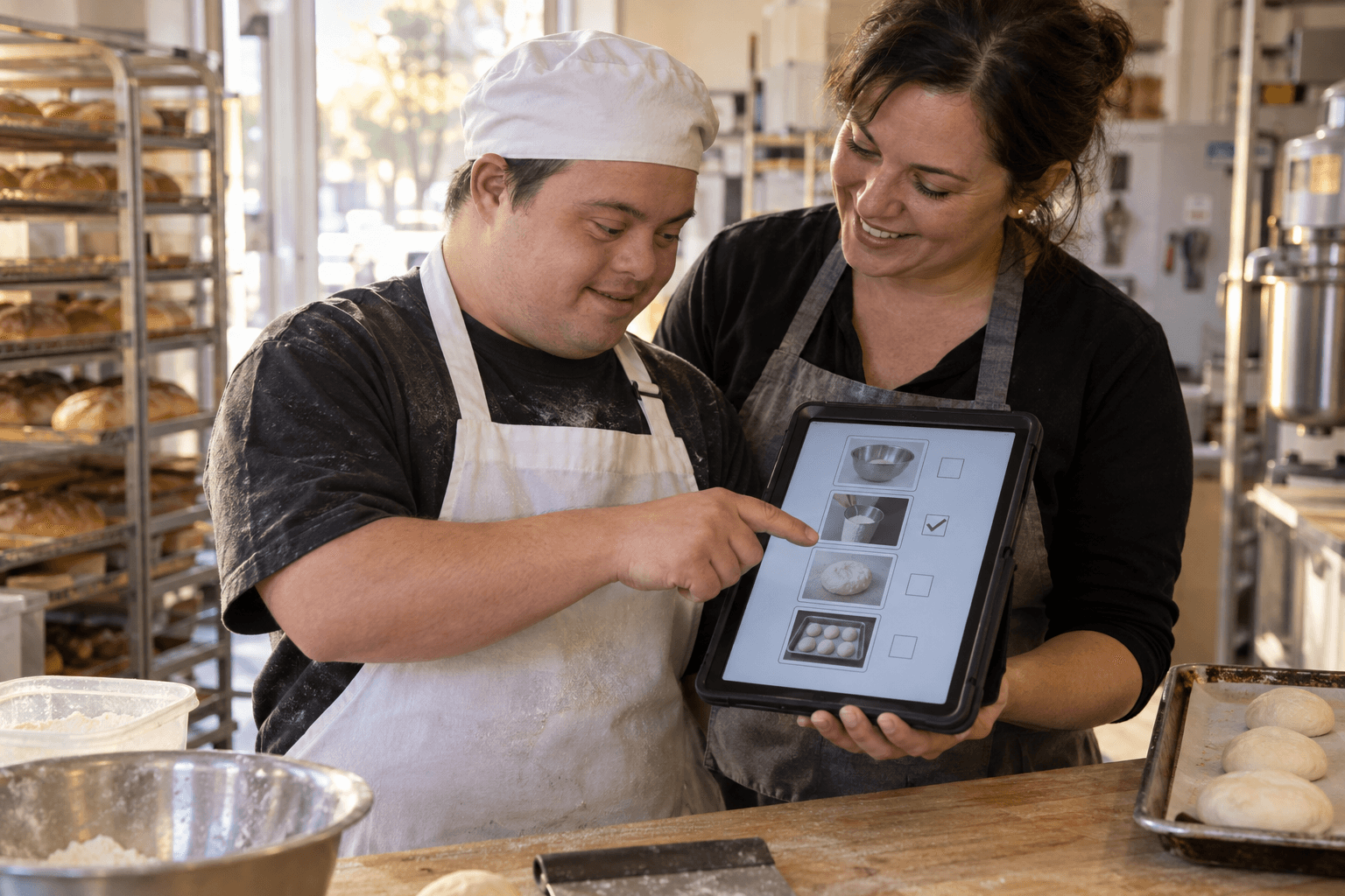 A job coach and a bakery employee reviewing a picture-based task checklist on a tablet